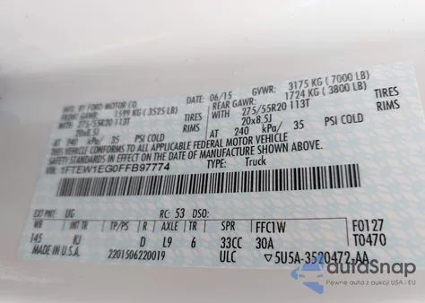 2015 Ford F-150 King Ranch z USA, uszkodzony, nr VIN 1FTEW1EG0FFB97774